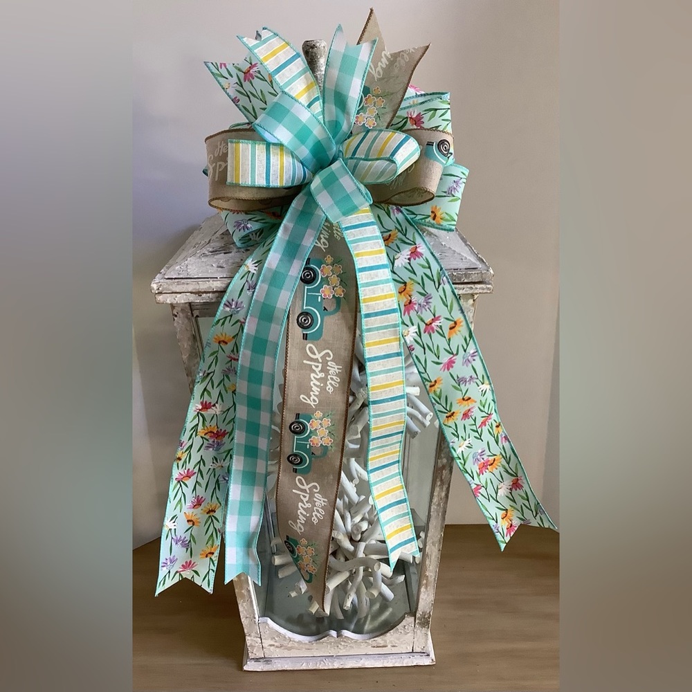 Spring Farmhouse Bow, Wreath Bow, Wreath Accent, Lantern Bow, & Spring Flowers.